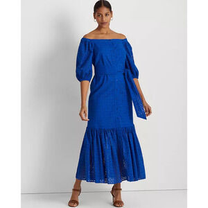Ralph Lauren Womens Eyelet Cotton Off-the-Shoulder Blue Dress Size 8 12416